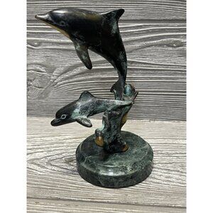 SPI Gallery Handmade 6” Brass with Marble Base Double Dolphin Art Sculpture